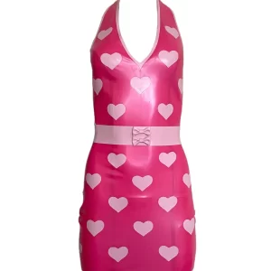 Latex Polka Heart Halter Mini Dress with Bow Belt