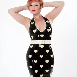 Latex Polka Heart Halter Pencil Dress with Bow Belt