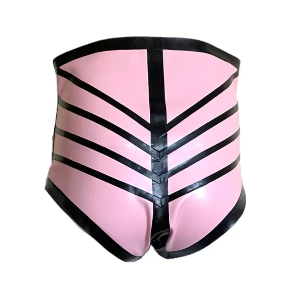 READY TO SHIP - UK 14 - Baby Pink / Black Latex High Waisted Transparent Design Hotpants