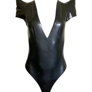 Latex Pointed Shoulder Thong Back Bodysuit