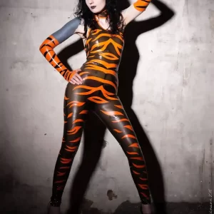 Latex Tiger Stripe Halterneck Catsuit