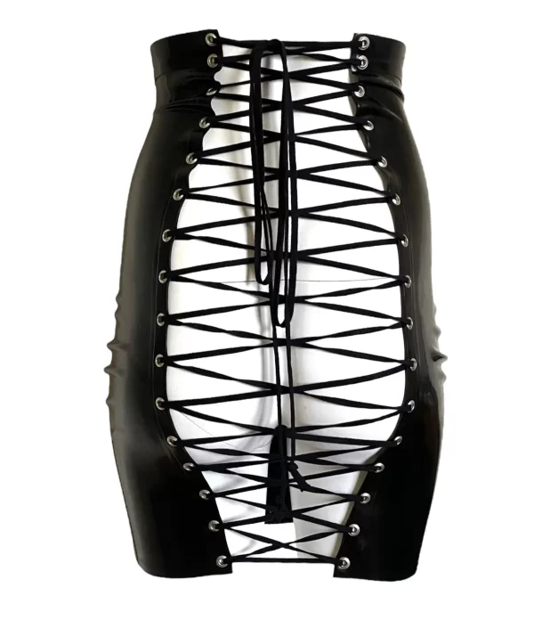 Latex Laced Open Back Pencil Skirt with Front Zip